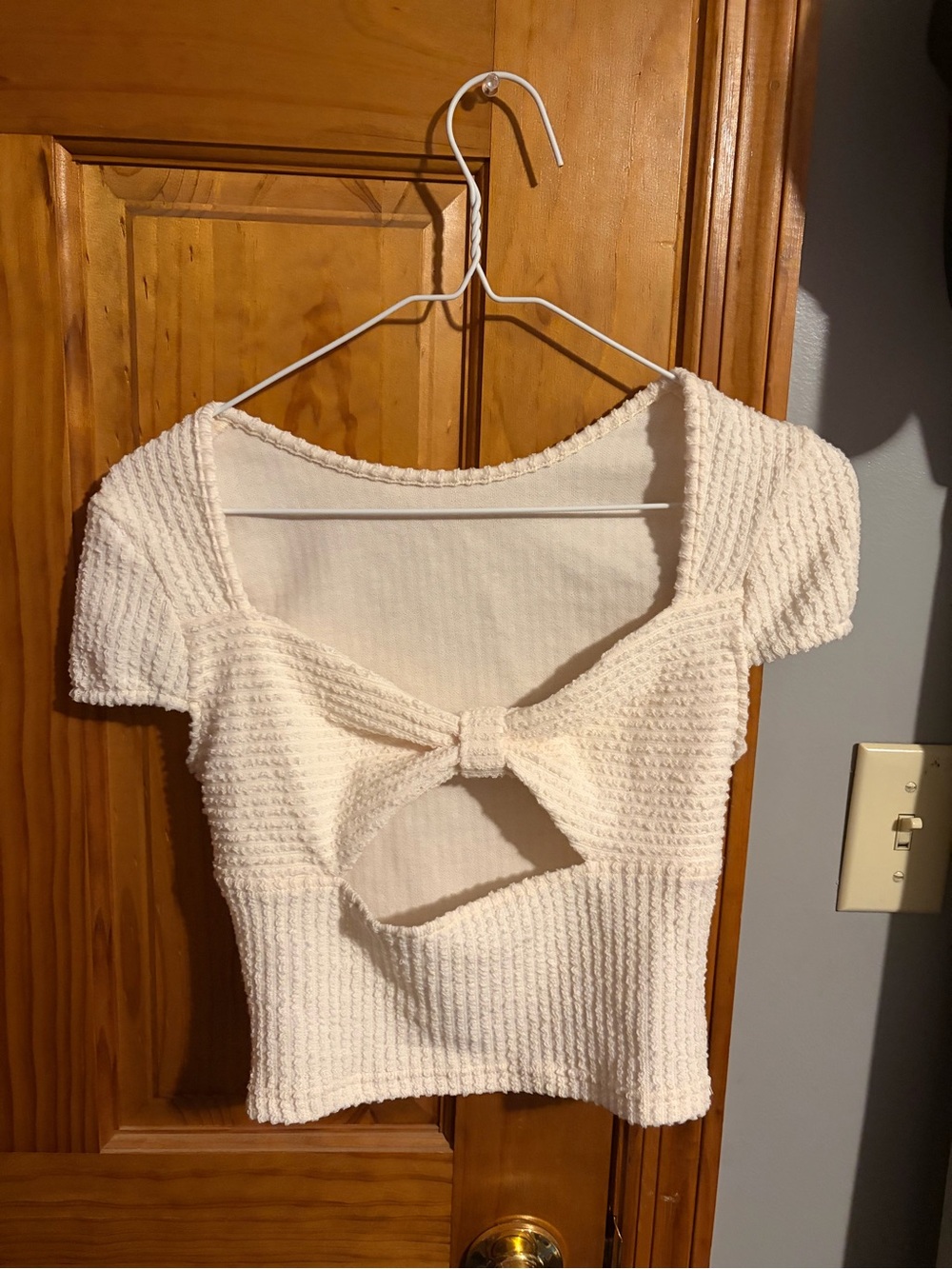 SHEIN Cream Bow-Front Knit Crop Top
